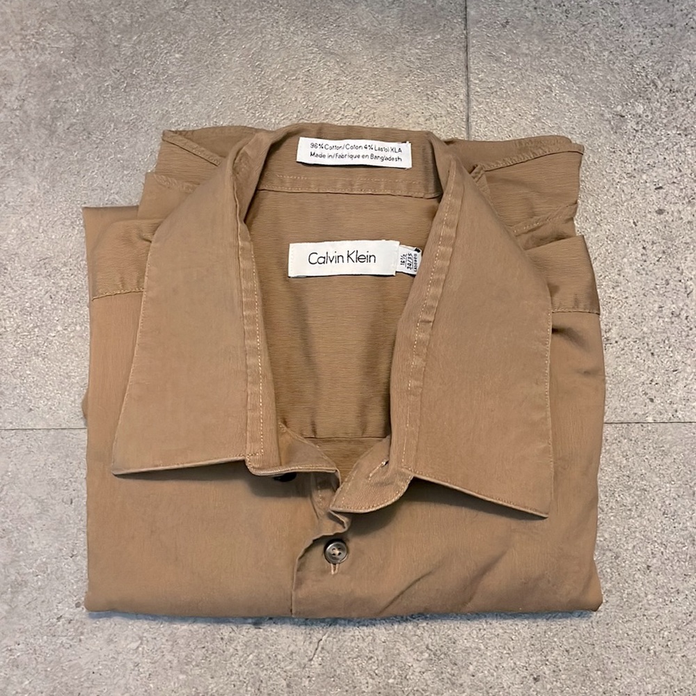 Calvin Klein Long Sleeve Button Up Shirt, Tan, Neck 16.5, 34/35